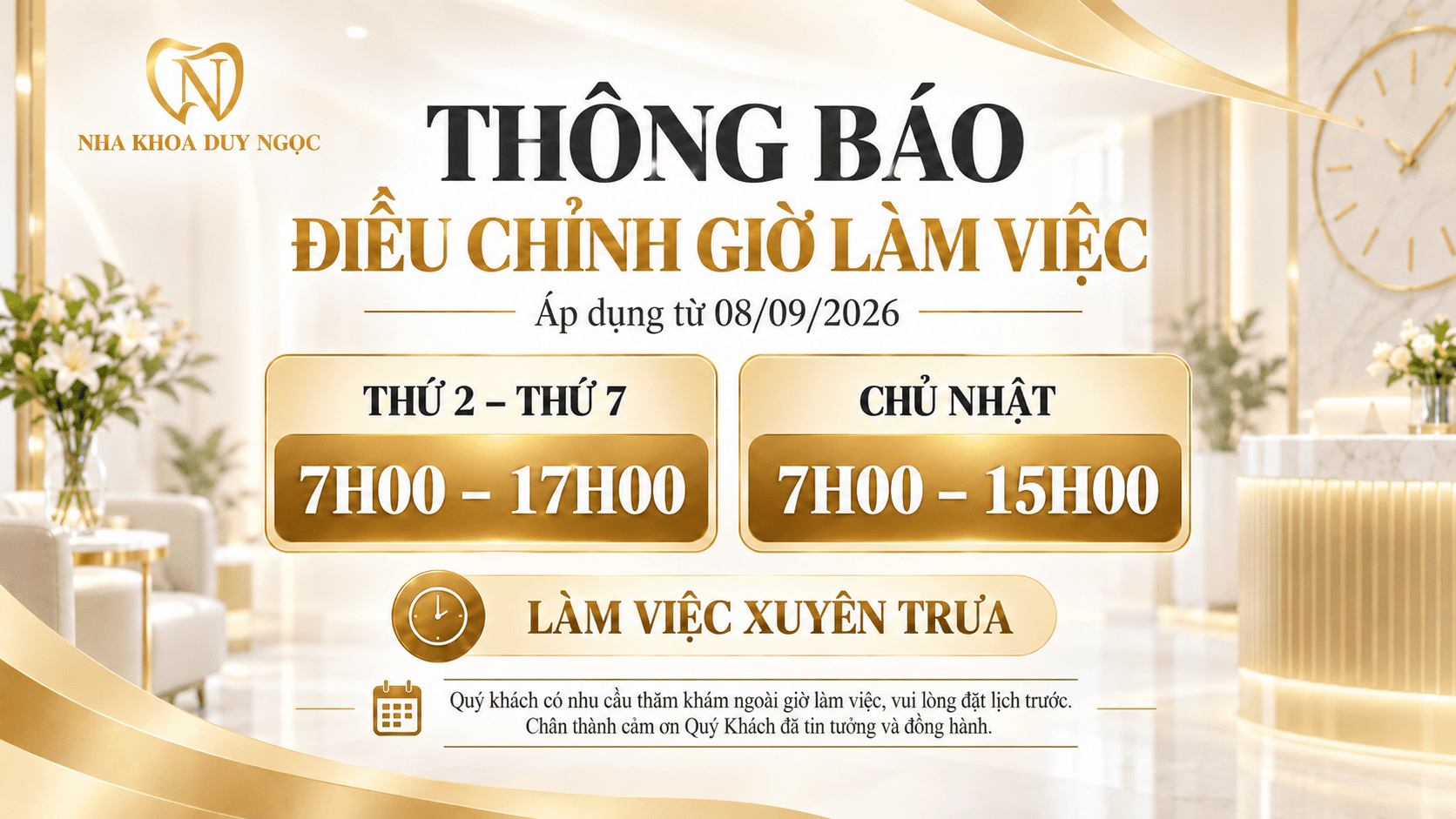Thông báo thay đổi giờ làm việc Nha Khoa Duy Ngọc từ 8/9/2026"